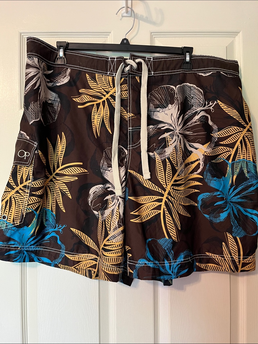 OP Mens Brown Swim Shorts with Blue & Gold Floral Print